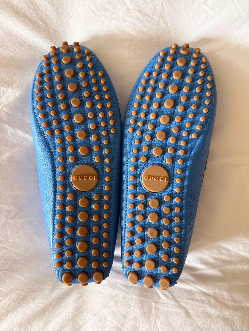 Gucci Light Blue Leather Horsebit Loafers with Red-Blue Web